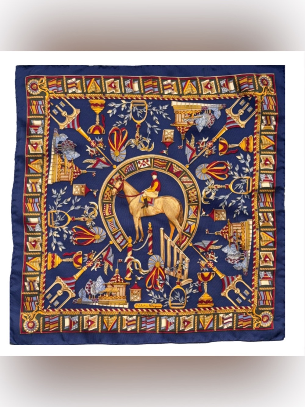 Vintage Salvatore Ferragamo Navy 100% Silk Equestrian Scarf 16.25” x 16.5”